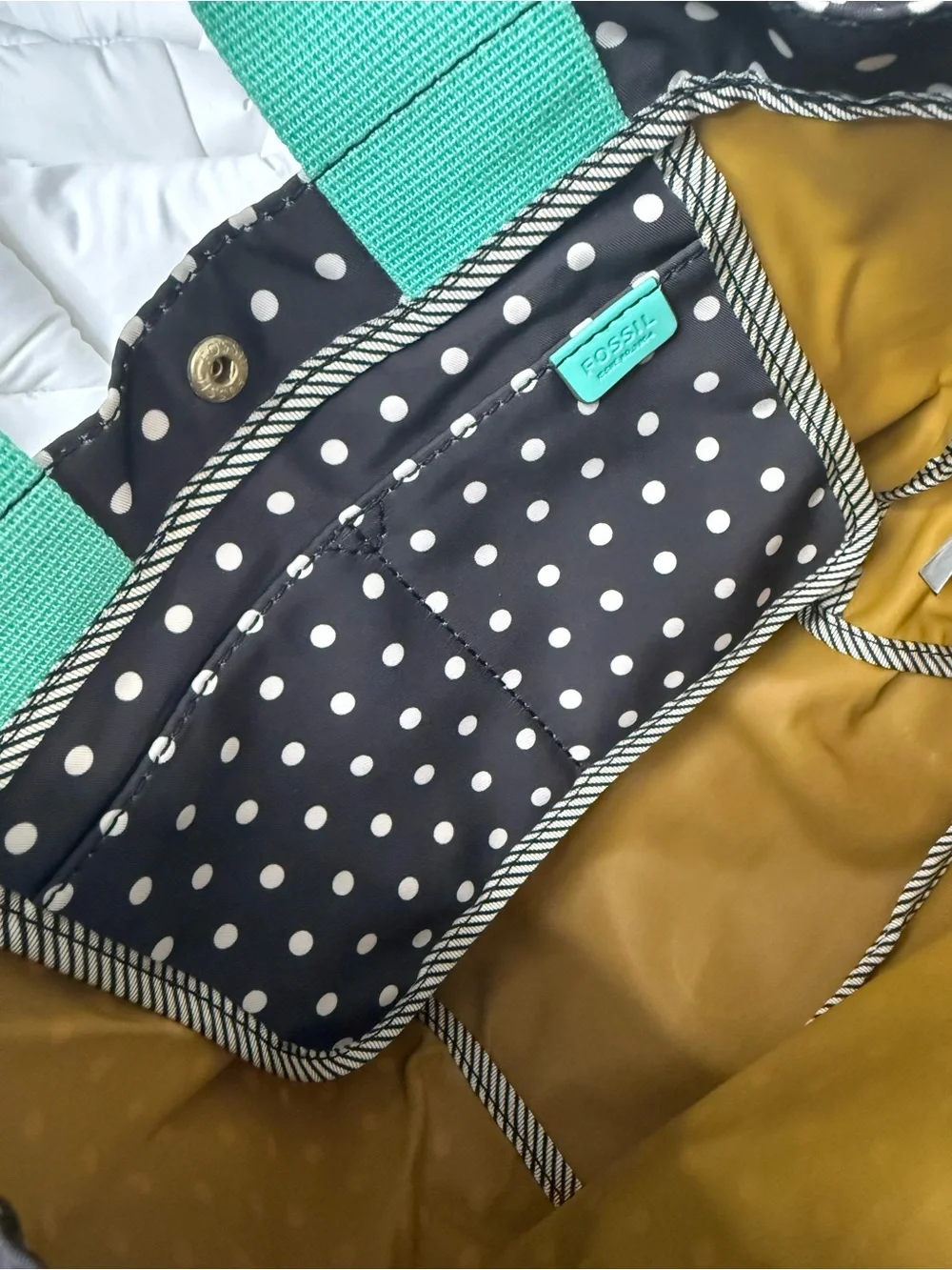 Mini Fossil Black Polka Dot Tote with Mint Handles & Matching Wallet